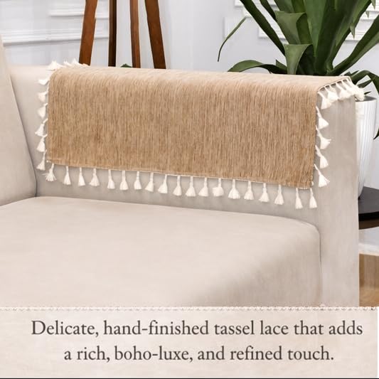 Image of STITCHNEST Premium Woven Fabric Sofa Arm Cover with Tassels | Elegant Hand Rest Protector | Durable & Stylish | 18 x 22 Inches