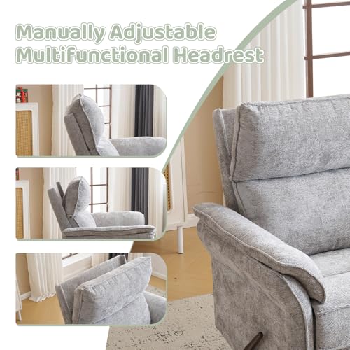 Image of Swivel Rocker Recliner with Adjustable Headrest,Upholstered Glider Rocker Recliner with Overstuffed Armrest,Manual Recliner Nursery Chair for Living Room,Light Grey