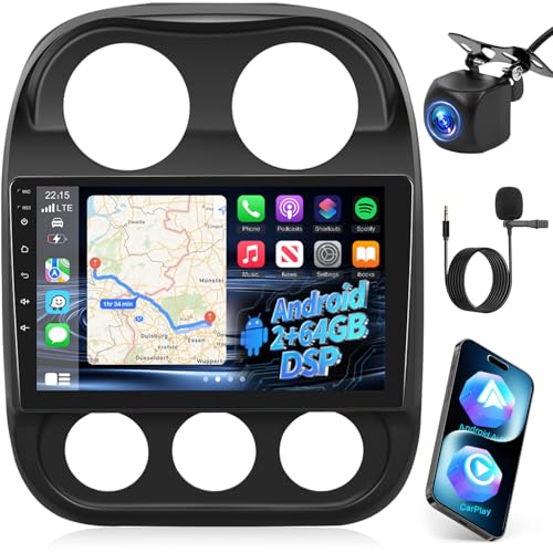 NHOPEEW Android Radio for Jeep Compass Patriot 2010-2016: 10.1 inch Touch Screen Aftermarket Stereo with Wireless Carplay and Android Auto, 5G/WiFi, DSP/EQ, GPS, Split Screen, SWC + AHD Backup Camera