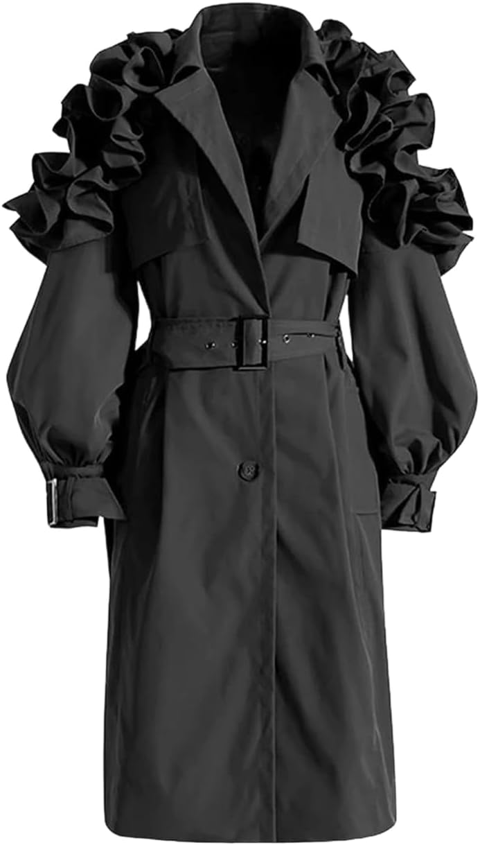 Women Lapel Long Trench Coat Spring Fall Belt Long Sleeve Ruffle Stitching Slim Fit Coat For Women