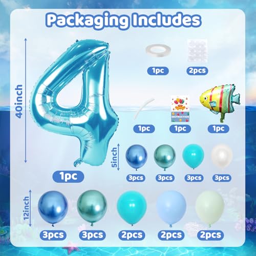 Image of 40 Inch Number 4 Balloon Blue Ocean Under the Sea Number Four Foil Balloons Tower with Shark Bubble Fish for Boys 4th Birthday Party Decor Blue Green Underwater Digital Aluminum Balloons Stack