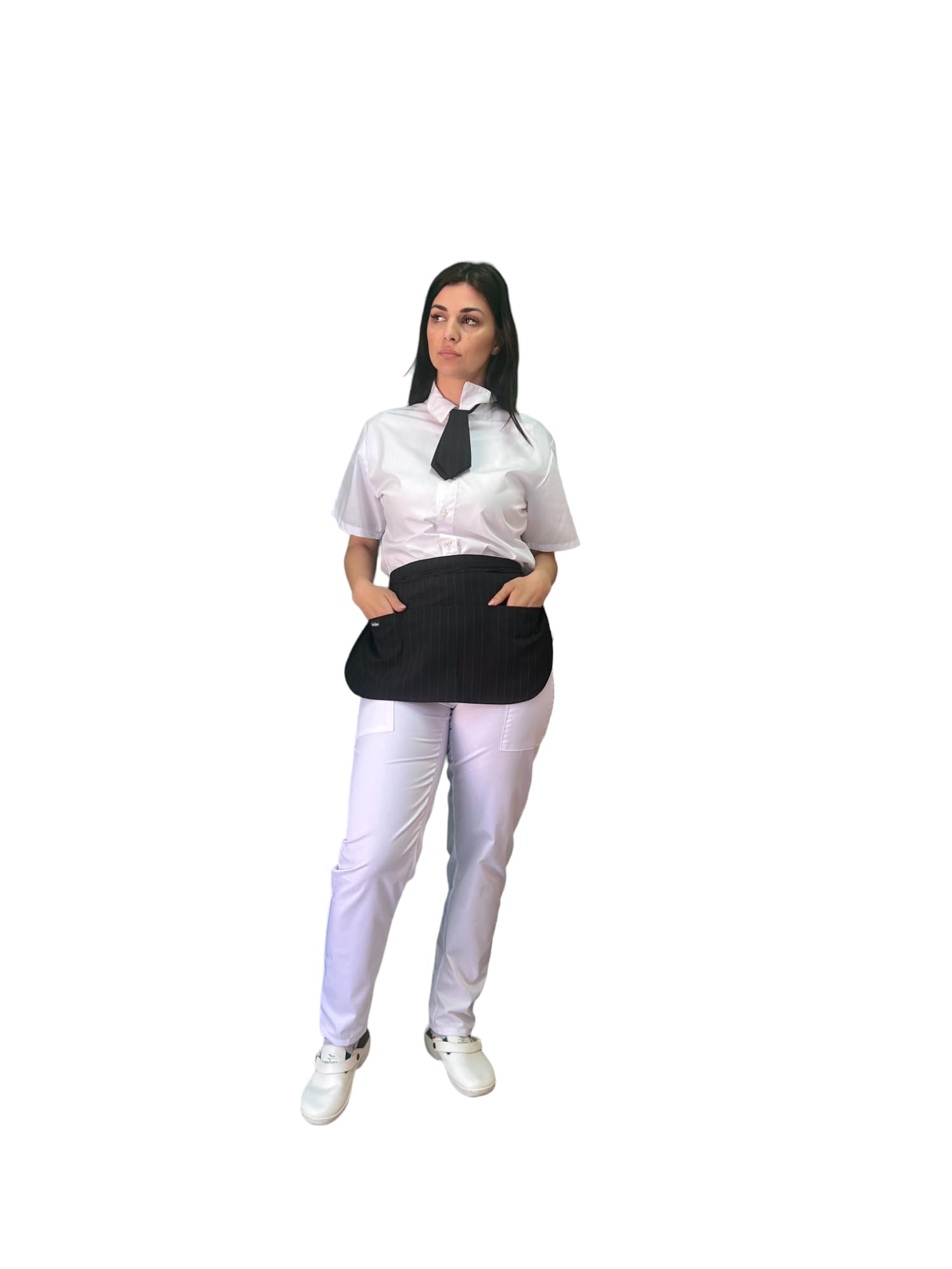 Tablier court de cuisine avec cravate, 10 pièces, broderie gratuite, noir à rayures pour bar, restaurant, hôtel, barista Lavavaisselle uniforme de travail pour homme, femme, fabriqué en Italie, Noir