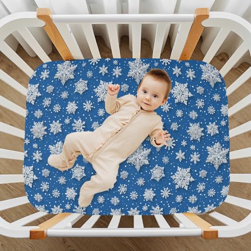 Image of Baby Crib Sheet Christmas Snowflake Blue Crib Mattress for Boys and Girls Playard Sheet Soft Breathable Fitted Baby Mattress Cover 52x28in
