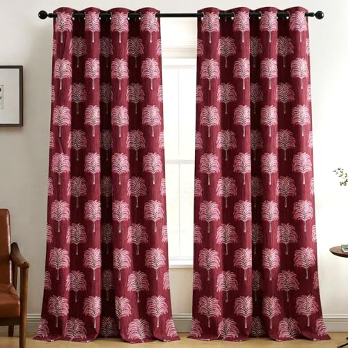 Image of Fashion String Elegant Tree 150 GSM Semi Transparent Eyelet Polyester Door Curtains - 7 Feet, Maroon (Set of 2)