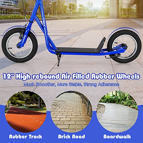 Image of GYMAX Scooter, Kids & Adults Off-Road Scooter with 12 inch Inflatable Wheels, Adjustable Height Handlebar, V-Type Handbrakes & Axle Pegs for All Terrain, 8+