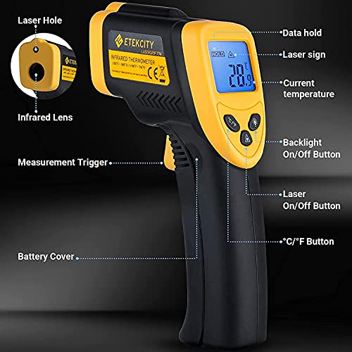 Etekcity 774 - Termómetro Infrarrojos Digital (Medidor de Temperatura sin Contacto, -50 hasta +380 °C, Iluminación LCD, Color Amarillo/Negro, No Apto Para Personas)
