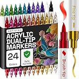 ARTISTRO 24 Metallic Acrylic Paint Markers - Paint Pens for Drawing, Brush + Fine Tips - For Fabric, Rock, Glass, Wood, DIY - Art & Craft Supplies for Adults, Teens, Kids - Teacher Appreciation Gift