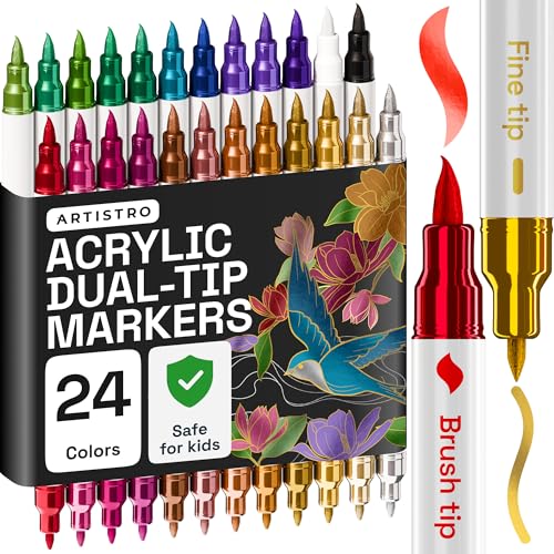 ARTISTRO 24 Metallic Acrylic Paint Markers - Paint Pens for Drawing, Brush + Fine Tips - For Fabric, Rock, Glass, Wood, DIY - Art & Craft Supplies for Adults, Teens, Kids - Teacher Appreciation Gift