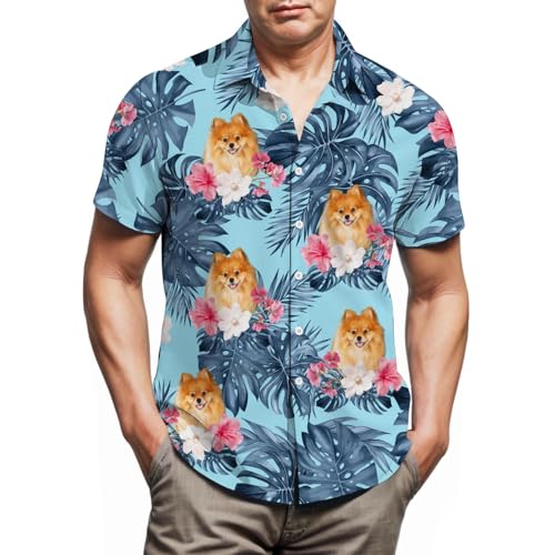 Lussues Nee Pomeranian Hawaiian Shirts for Men Button Down Beach Casual Shirtss Blue