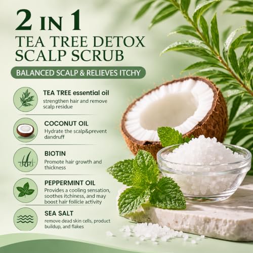 SHVYOG Scalp Scrub, Tea Tree & Coconut Oil Exfoliator Scrub for Itchy Scalp, Anti-Dandruff Detox Clarifying Exfoliator Shampoo with Sea Salt, Scalp Treatment with Scalp Scrubber - Image 2