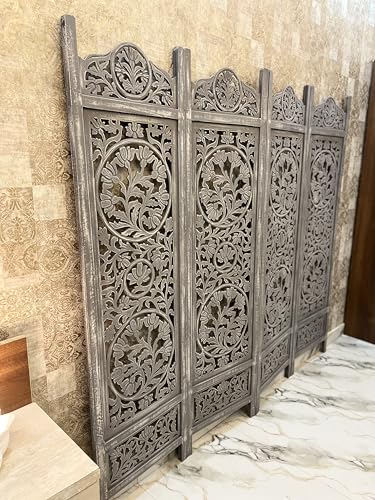 Image of Wooden Room Partition and Folding Privacy Screens Wooden Room Divider for Bedroom Home Office Room Divider Room Partition (6 Feet 4 Panel Antique Grey)