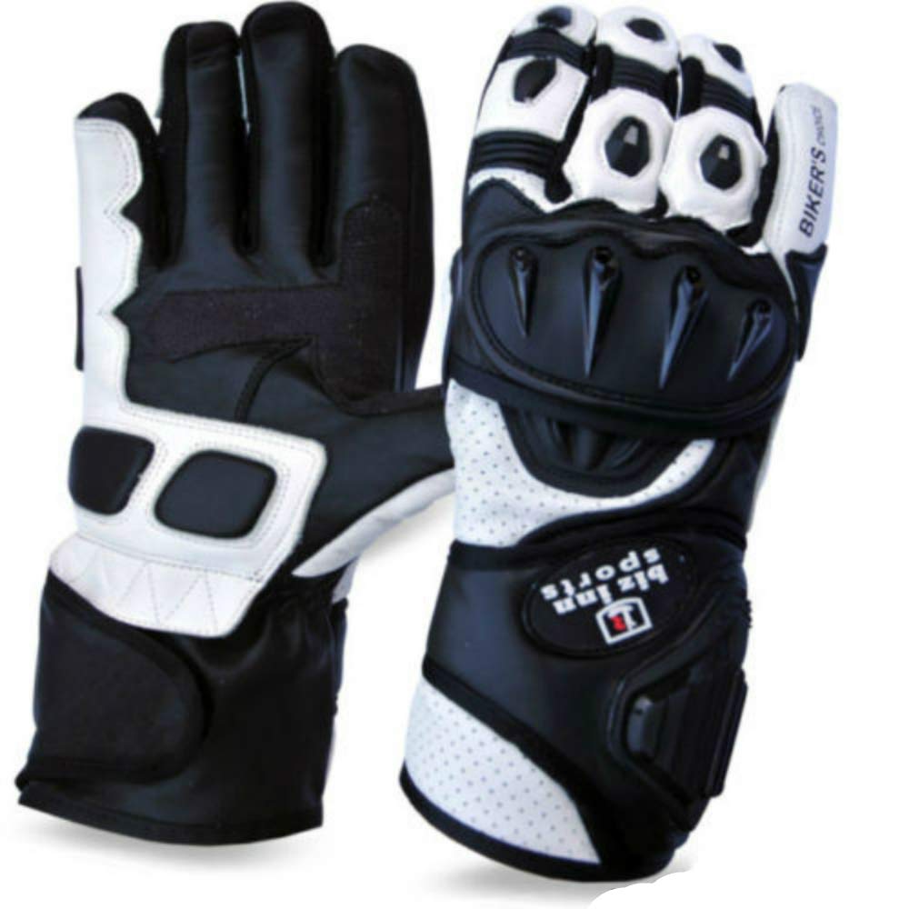 Racer Motorbike Gloves !!!! Knuckle Protection !!! 100% Cowhide Leather Motorcycle Protection Bikers Gloves (White, X-Large)