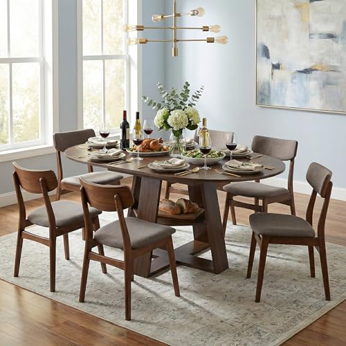 Image of 59 inch Extendable Round Dining Table for 4-8, Folding 59 inch to 43.3 inch Modern Kitchen Oval Dining Table with Removable Leaves Storage Shelf for Kitchen Living Room Walnut