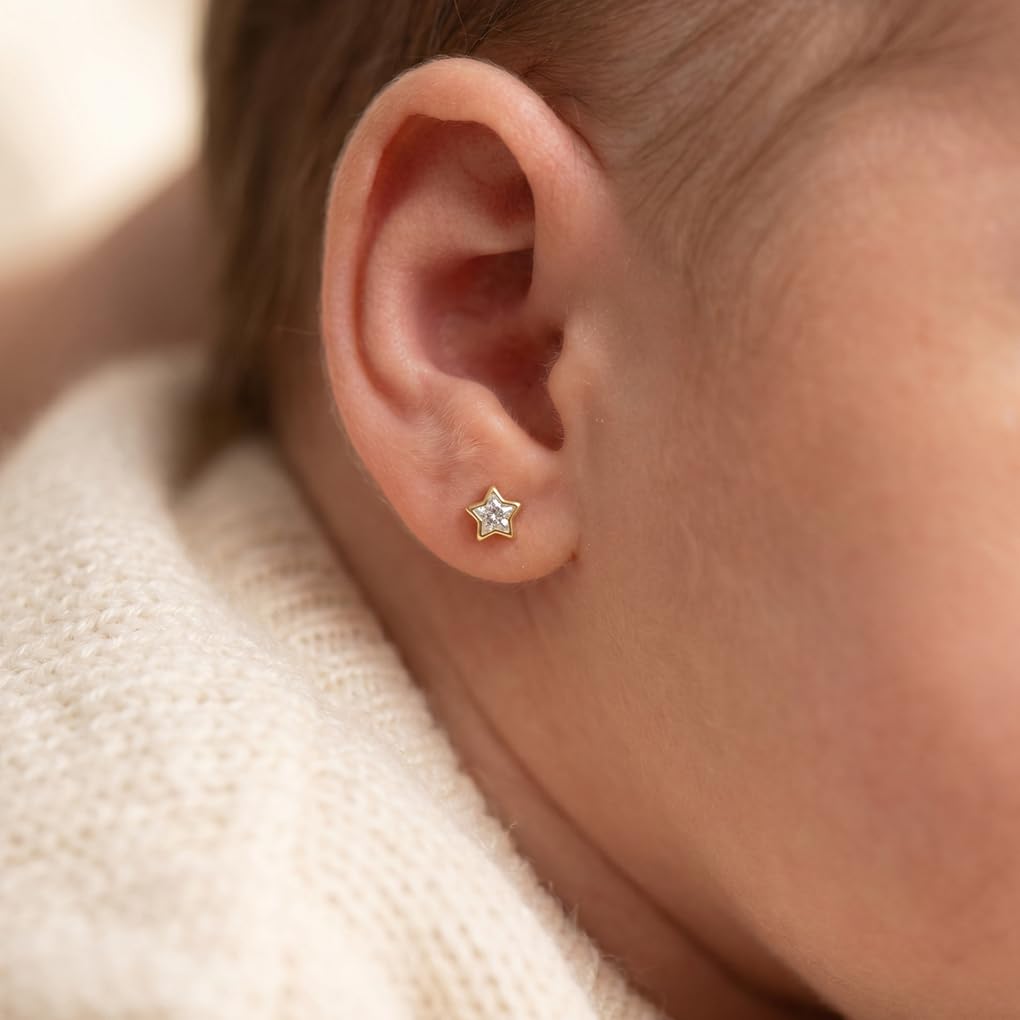 TIME ROAD Pendientes Bebé Niña de Oro 9K HIN00199/4 - Cierre Seguro de Rosca - Pendientes de Estrella 4 mm - Infantil 3, 6, 12 a 24 meses - Ideal como Regalo de Nacimiento, Bautizo o Cumpleaños