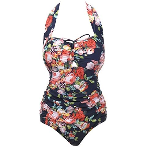 QZUnique Women's One Piece Bathing Suit Tummy Control Swimwear Halter Ruched Swimsuit Plus Size Vintage Push Up Monokini 01 Navy Blue/Large Cover