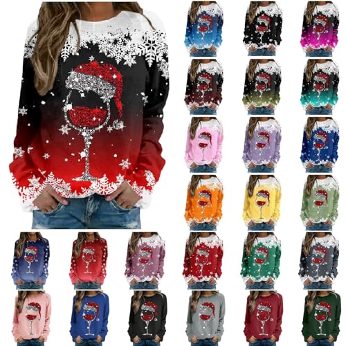 Weihnachtspullover Damen Weihnachtsmotiv mit Wein Glas Design Rundhalsausschnitt Langarm Glitzer Weihnachtsshirt Lustig Freizeit Oversize Christmas...