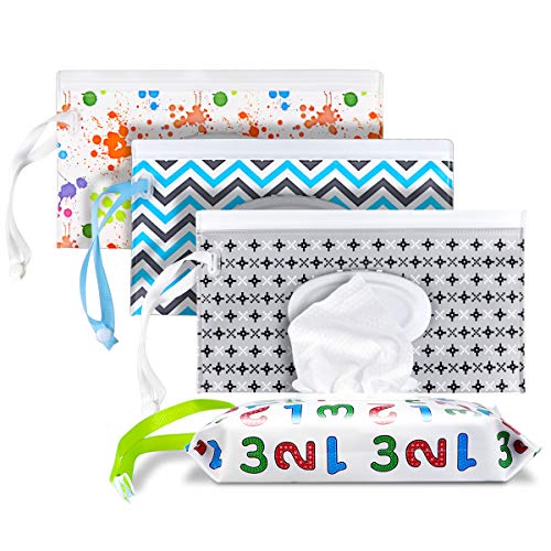 DOERDO 4 Pieces Portable Wet Wipe Pouch Bags Set, Baby Wipe Holder Reusable Travel Wet Wipe Dispenser Keeps Baby Wipe Fresh and Safe