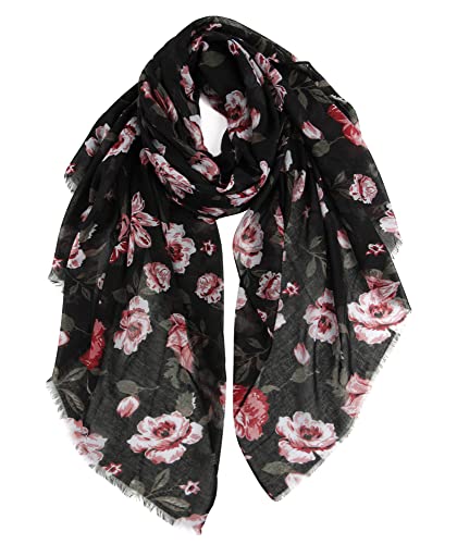 GERINLY Bufandas ligeras Moda flores imprimir mujeres algodón abrigo bufanda, Negro, M