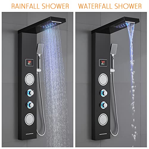 Rovate Shower Panel Tower System With Led Rainfall Waterfall Shower Head, 5-In-1 Led Stainless Steel Shower Panel System With Round Body Jets, Handheld And Tub Spout, Black Finish #TOP5