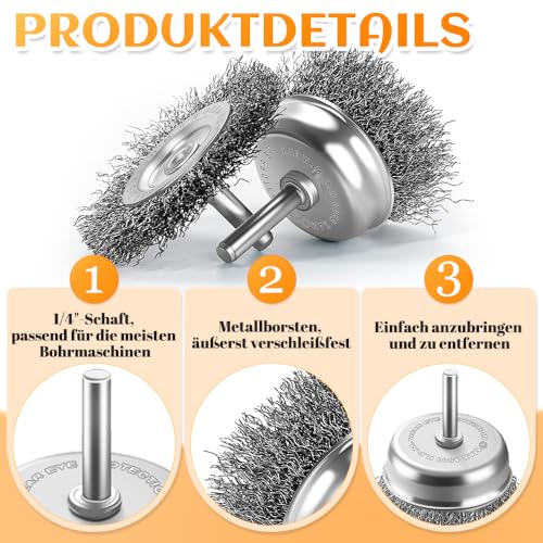 10-Teilig Drahtbürsten Set für gründliche Reinigung 1/4-Zoll-Schaft