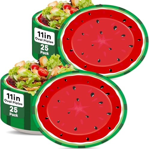 Wiooffen 50 Pcs Watermelon Party Supplies Plates Oval 11inch Watermelon Theme Disposable Paper Plate Summer Melon Dinnerware Platter Dish Tray for Wedding Picnic Birthday Party Dinner Supplies