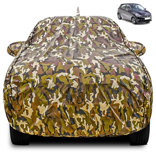 Image of FABTEC Car Body Cover for Tata Tiago Jungle Print with Soft Cotton Lining Waterproof Car Cover UV & Rain Protection with Mirror and Antenna Pocket Bottom Elastic (Military /Camouflage Pattern)