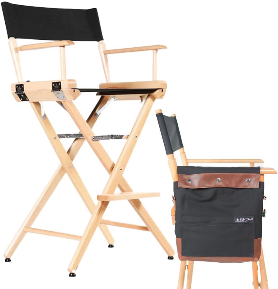Filmcraft Tall Director's Chair (Black Canvas, Natural Frame) 30" Bar Height, Professional Grade Studio Script Pouch