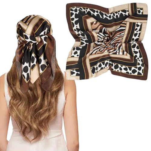 EXTREE Silk Feeling Scarf Medium Square Satin Head Scarf Sleeping Hair Wrapping for Women 27.5 × 27.5 inches Leopard Print Black Coffee Color