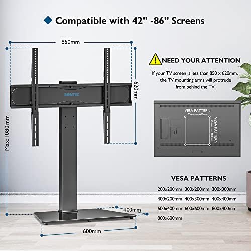 BONTEC Universal Swivel Table Top TV Stand for 4286 inch LED OLED LCD Screens, Heights Adjustable Table Top TV Stand with Tempered Glass Base, Large TV Pedestal Stand Holds 50kgs, Max. VESA 800x600mm