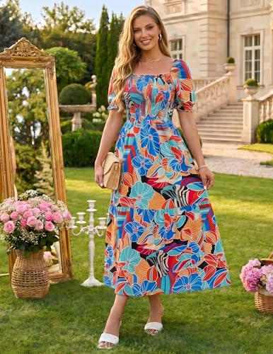 Image of ZESICA Women's 2026 Summer Boho Floral Print Dress Square Neck Ruffle Swing Beach Vacation Long Maxi Dresses