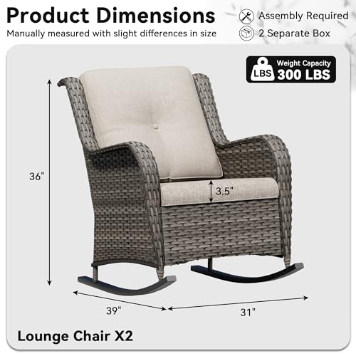 Image of Patio Rocking Chairs Set of 2, Outdoor Wicker Patio Furniture Set 2 Pieces with Thickened Olefin Cushions, High Back and Deep Seating, Hand-Woven PE Rattan for Porch, Deck, Beige