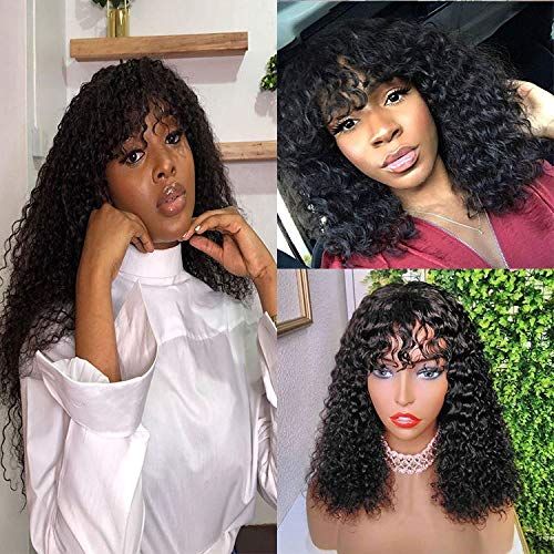 Curly Wave Wigs With Bangs Virgin Brazilian Water Wave Wigs None Lace Front Wigs Human Hair Wigs 130% Density deep curly wave hair Glueless Machine Made Wigs For Black Women Natural color(16inch)