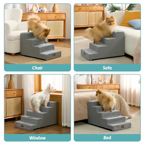 Image of COZY KISS Dog Stairs for Small Dogs 15.7 inch H, 4-Step Gentle Incline Pet Step for Couch Sofa, Non-Slip Dog Ramp for Puppy Doggie Senior Cats, 15.7x23.6x15.7 Inch, Grey