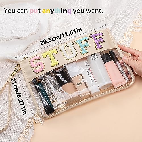 Chenille Letter Clear Bag, Chenille Letter Stuff Pouch Varsity Letter Bag Nylon Clear Cosmetic Bag Clear Zipper Pouches Clear Makeup Bags Clear Travel Bags Clear Tote Bags for Women Girls (Off-white) - Image 3