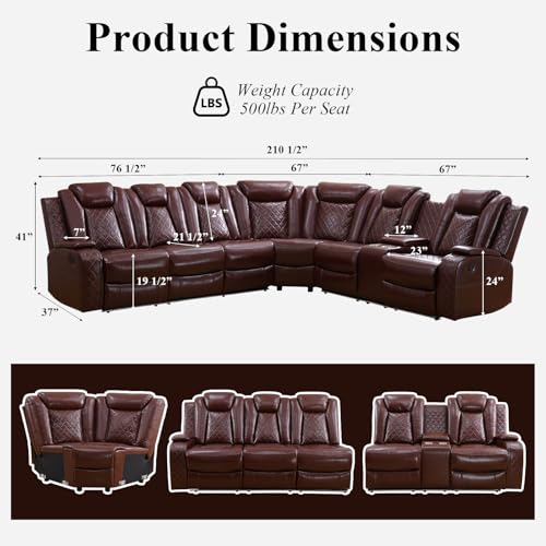 Image of Power Reclining Sectional Sofa for Living Room - Brown Leather Sectional with Recliner, LED Lights, Storage Console & Cup Holders, Comfortable Family Couch
