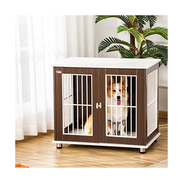 PawHut 34” Wooden Dog Cage, Modern Wire Dog Crate, Pet Kennel with Door, Lock, Adjustable Foot Pads, for Small and Medium Dogs, Coffee and White PawHut 34” Wooden Dog Cage, Modern Wire Dog Crate, Pet Kennel with Door, Lock, Adjustable Foot Pads, for Small and Medium Dogs, Coffee and White