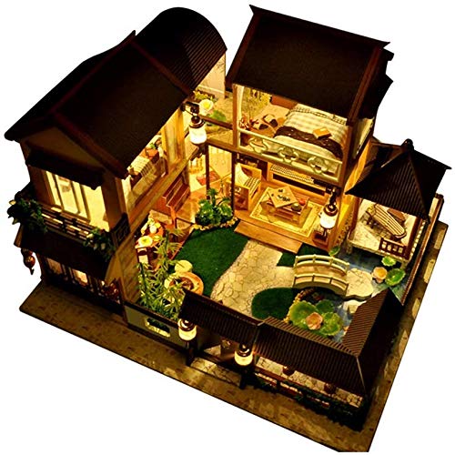 SEESEE.U Holzpuppenhaus DIY 3D Puppenhaus Miniaturmöbel-Kit einschließlich Zubehör und Möbel, Wohnung Zeit, Beleuchtung