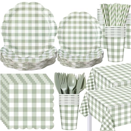 Image of Funnymoom 452 Pcs Sage Green Gingham Party Supplies for 50 Guests, Green Gingham Paper Plates Napkins Cup Tablecloth Disposable Tableware for BBQ Picnic Birthday Baby Shower Wedding Party Decoration
