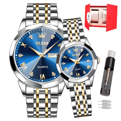 OLEVS Par de relojes de cuarzo para parejas de San Valentín, 3 ATM, impermeable, calendario luminoso, fecha, reloj de pulsera casual de acero inoxidable para hombres y mujeres, amantes de la boda