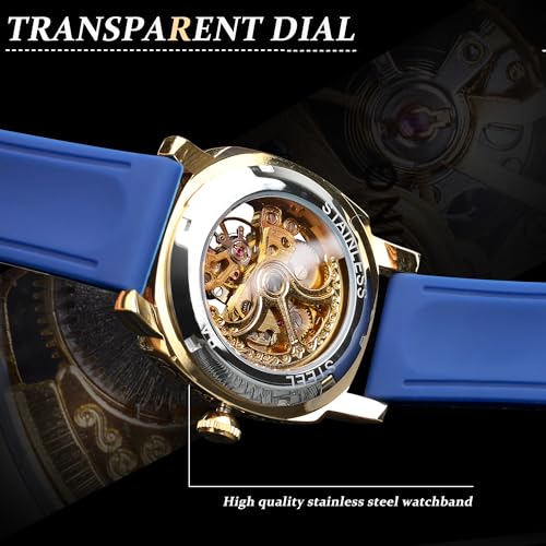 Image of FORSINING Fancy Watches for Men, Square Retro Mechanical Watch Self-Wind Carved, Gear Movement Golden Skeleton Automatic Watches Vintage Leather Strap Wrist Watch