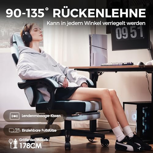 Sedia da gaming in tessuto con cuscino primaverile, supporto lombare per ufficio, con poggiapiedi per adulti, ergonomica, grande e alta, per Office Gaming, Aqua - Sedia gaming - Immagine 5