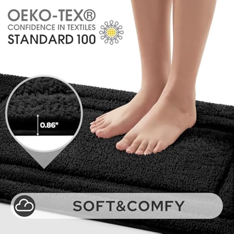 HOMEIDEAS Bathroom Rugs Sets 2 Piece, Super Soft and Absorbent Non Slip Microfiber Machine Washable Bath Mat Set (20 x 47 + 16 x 24, Black)