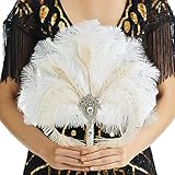 BABEYOND Vintage Bridal Feather Bouquet 1920s Ostrich Feather Fan Crystal Bridesmaid Bouquet 20s Gatsby Wedding Bouquet Flapper Accessories (White)