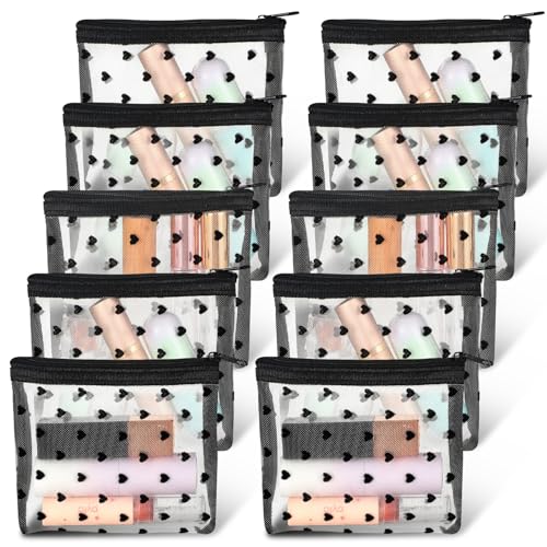 WJIAAA 10pcs Heart Print Cosmetic Bags 3D Heart Print Makeup Bags Zipper Mini Mesh Zipper Storage Pouch Small Nylon Organizer Purse Bag for Women Travel Lipstick Office Home Toiletry(Beige)