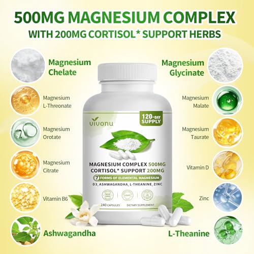 Image of Magnesium Complex for Women & Men with Cortisol Support, D3, Zinc, 7 Forms Magnesium Supplement (2 Bottle 480 Capsules)