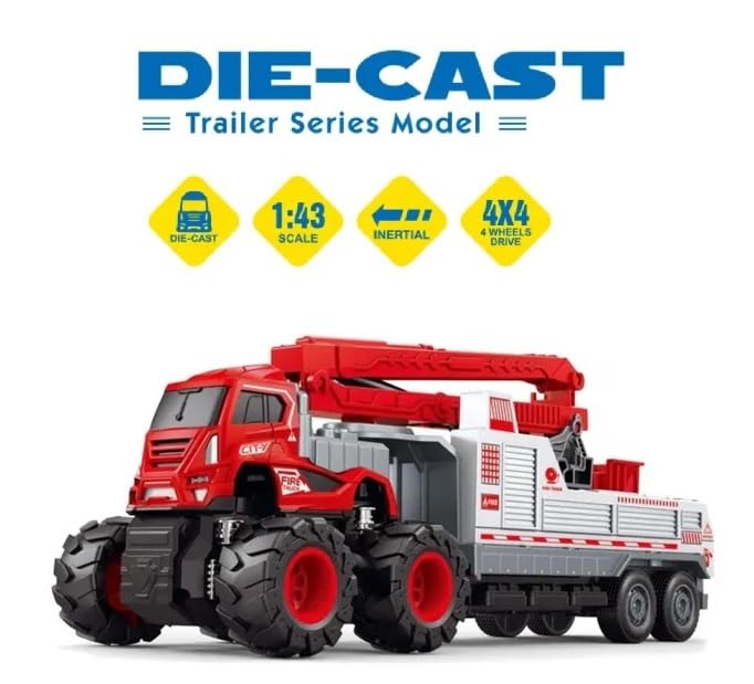 Image of Friction Powered Fire Safety Transport Truck for Kids Boys Girls Die cast Alloy Fire Rescue Truck with Rotating Ladder Crane Toy Pull Back Vehicle Miniature Car Gift (Pack of 1, Multicolor)