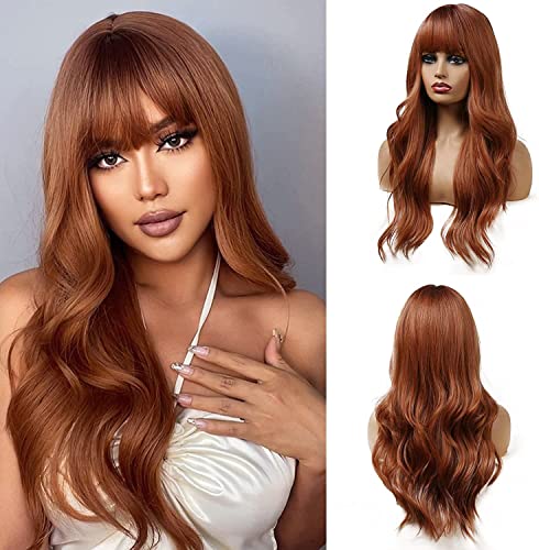 Esmee 24 Inches Long Wavy Copper Brown Wigs for Women Natural Synthetic Hair Heat Resistant Wigs with Bangs for Daily Party Cosplay Use