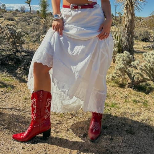 Yolkomo Cowboy Boots For Women Red Distressed Cowgirl Boots Wide Width Pull-On Mid-Calf High Boots Pointy Toe Embroidered Western Boots Size 8 thumb #3