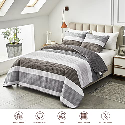 Joyreap 3 Pieces Quilt Set Full/Queen, Light Gray N Brown Stripes Design, Smooth Soft Microfiber Quilt, Bedspread Bed Cover For All Season, 1 Quilt And 2 Pillow Shams- 90X90 Inches #TOP1
