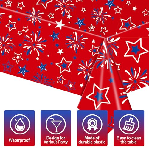 Image of 3 Pcs Patriotic Tablecloth Plastic,54 inchx108 inch Patriotic American Flag Plastic Tablecloth Fourth of July Accessories for Fourth of July Decorations Memorial Day Party Supplies(Red White Blue)
